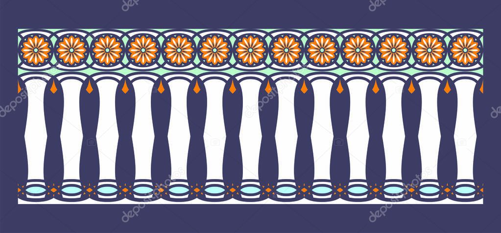 Elegant, spectacular and decorative border of Hindu and Arabic inspiration of various colors, white, light blue and orange with dark blue background