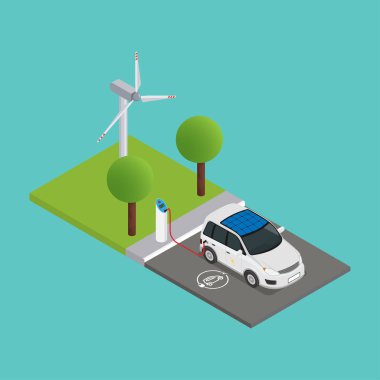 Bir izometrik elektrikli araba şarj istasyonunda tahsil edilir ve arkasında bir rüzgar türbini.