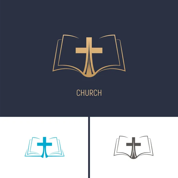 Logo Eglise Des Symboles Chrétiens Livre Avec Une Croix Illustration — Image vectorielle