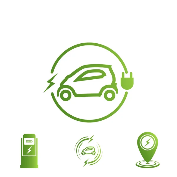 Conjunto de iconos coche eléctrico. Estación de carga de vehículos eléctricos . — Vector de stock