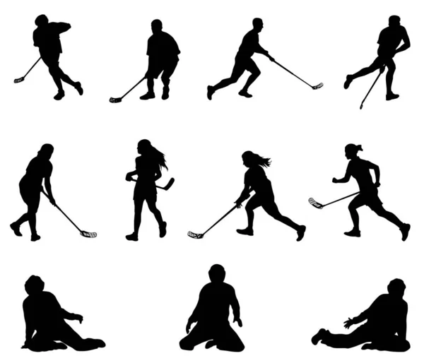 Floorball speler silhouet. Mannen, vrouwen, Goalies. — Stockvector