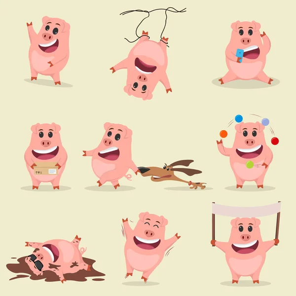 Conjunto de divertido lindo cerdo de dibujos animados en pose diferente — Vector de stock