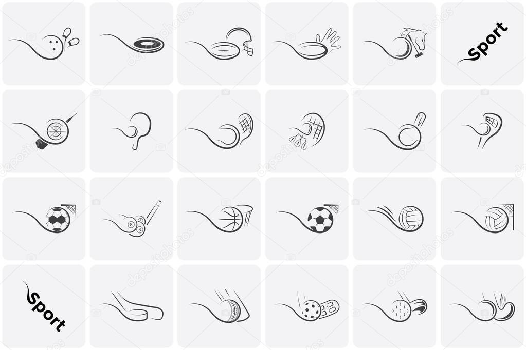 Set Sports Icons football, tennis, baseball, basketball, soccer, volleyball, golf, hockey floorball and many others Vector Illustration
