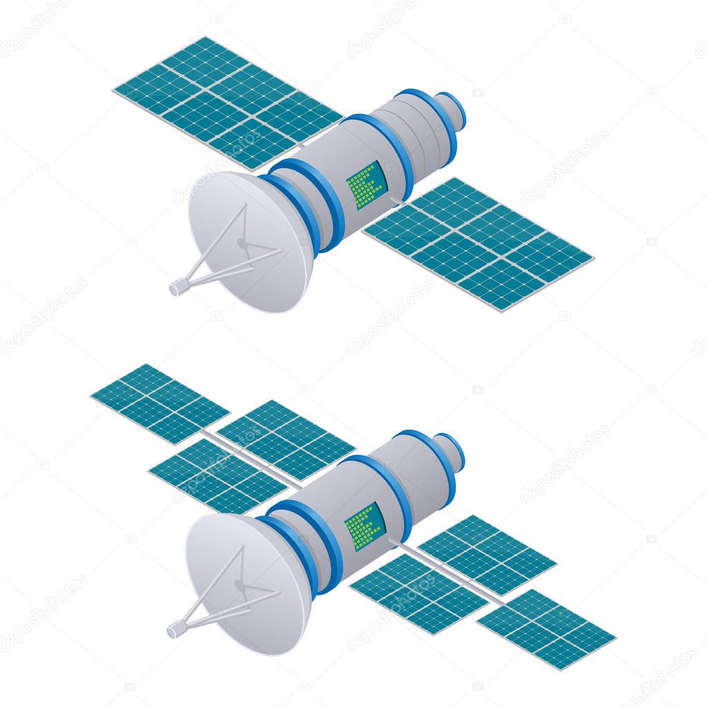 GPS satellite isometric illustration. Wireless satellite technology.