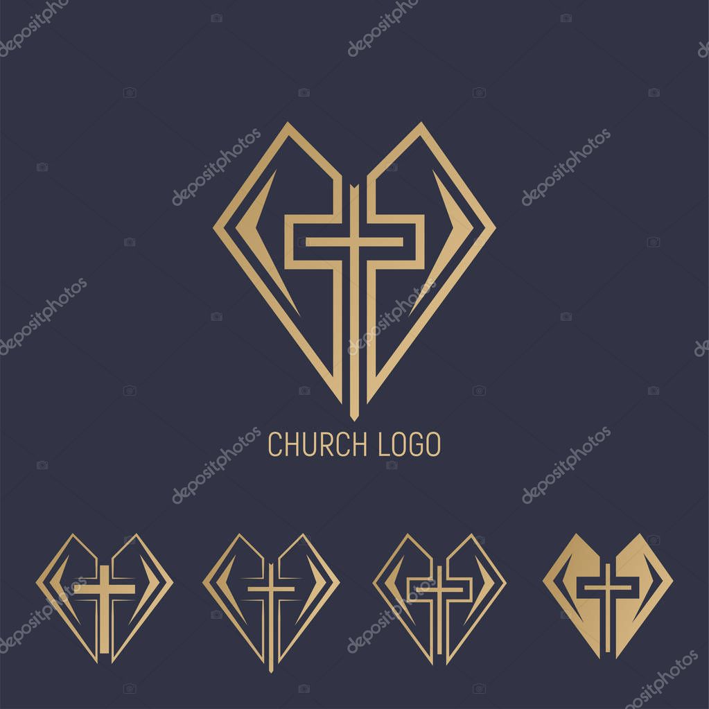 Set Church logo. Cross with heart. Vector illustration
