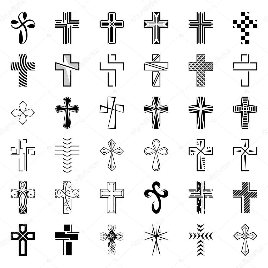set of icons cross. black christian cross.