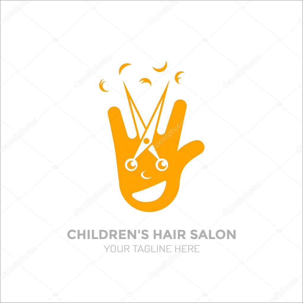 Children s hair salon logo. Funny logo smiling hand and scissors in it. vector illustration
