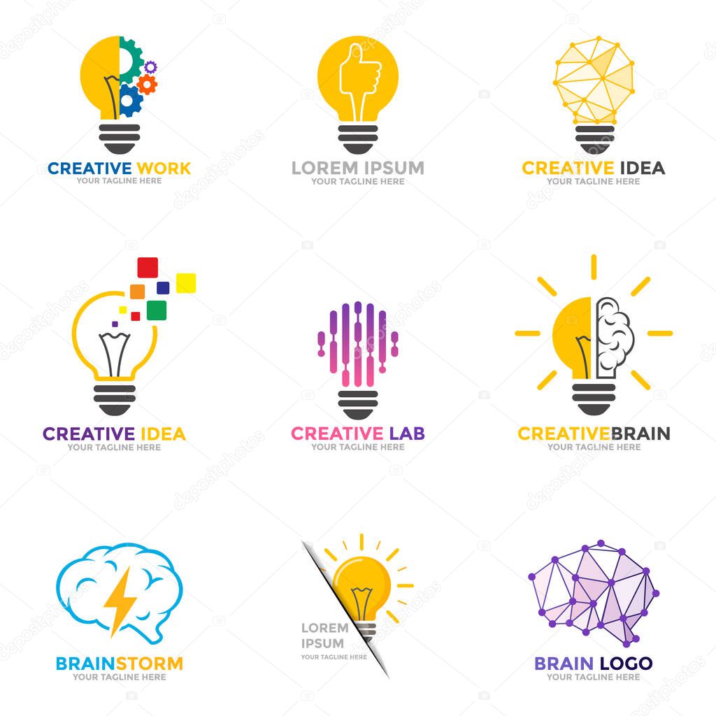 Set light bulb logo. Energy and idea symbol, technology icons. Vector illustration.