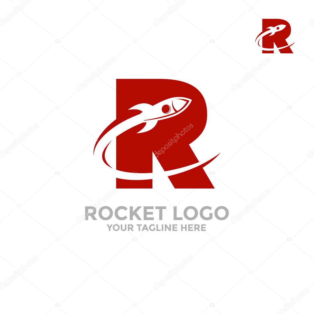Rocket Logo. In the letter R flies a rocket. Vector illustration