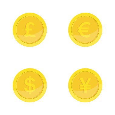 Altın sikkeler ikonu. Değişik ülkelerin para birimlerini gösteren paralar - dolar, avro, sterlin, Japon Yen.