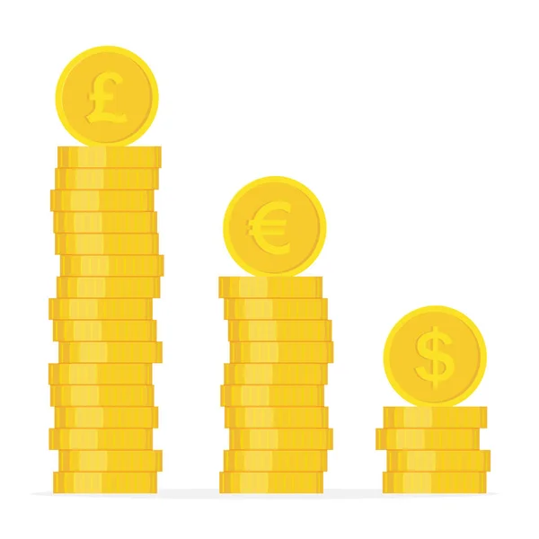 Altın para yığını. İçinde farklı ülkelerin para birimlerinin resimleri olan sikkeler. Dolar, avro, sterlin. Vektör illüstrasyonu.