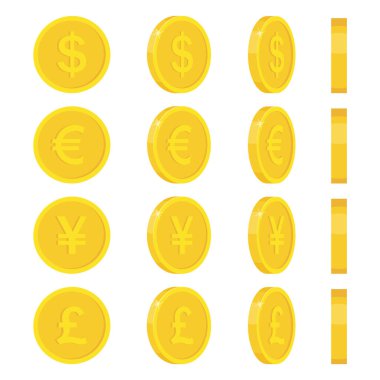 Altın sikkeler ikonu. İçinde farklı ülkelerin para birimlerinin resimleri olan sikkeler. Dolar, avro, sterlin, Japon Yen. Vektör illüstrasyonu.