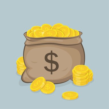 Illustration of a sack with gold coins with images of sign dollar on it. Vector illustration clipart