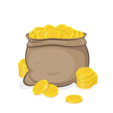 Etrafına altın paralar ve paralar saçılmış bir çuval tasviri. Vektör illüstrasyonu