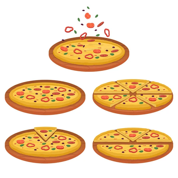 Conjunto Ilustración Sabrosa Pizza Pizza Trozos Ilustración Vectorial — Vector de stock