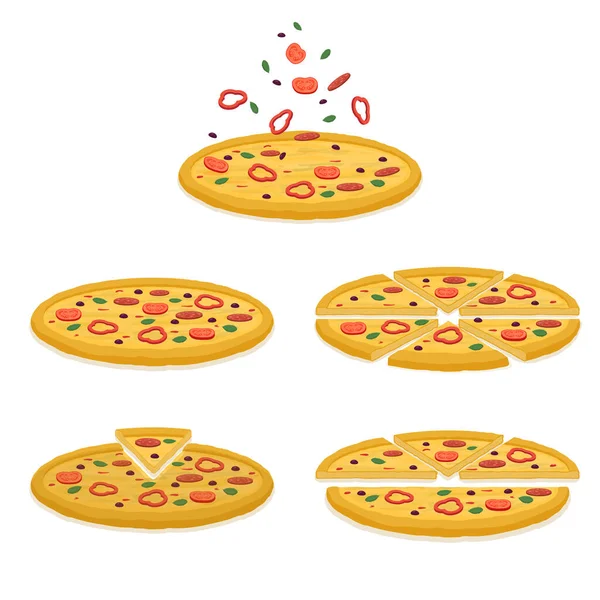 Lezzetli Pizza Seti Dilimlenmiş Pizza Vektör Illüstrasyonu — Stok Vektör