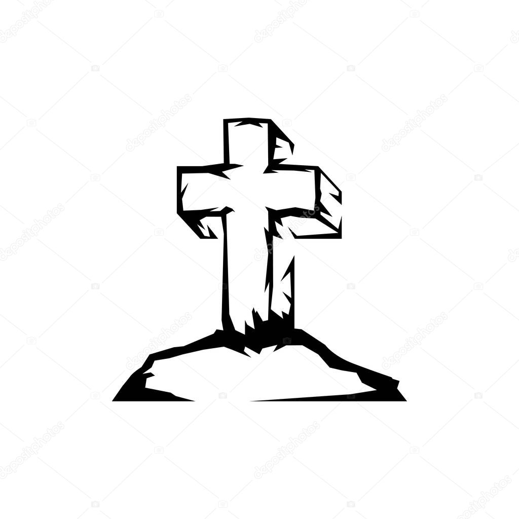 Sketch cross stands on a mountain, as a symbol of resurrection. Vector illustration.