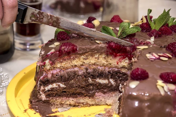 おいしいチョコレート ケーキ 作品をナイフで切断 — ストック写真