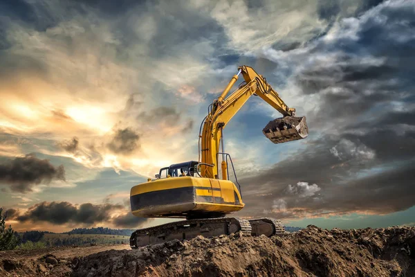 Crawler Excavator Earthmoving Works Construction Site Sunset — Stock Photo, Image