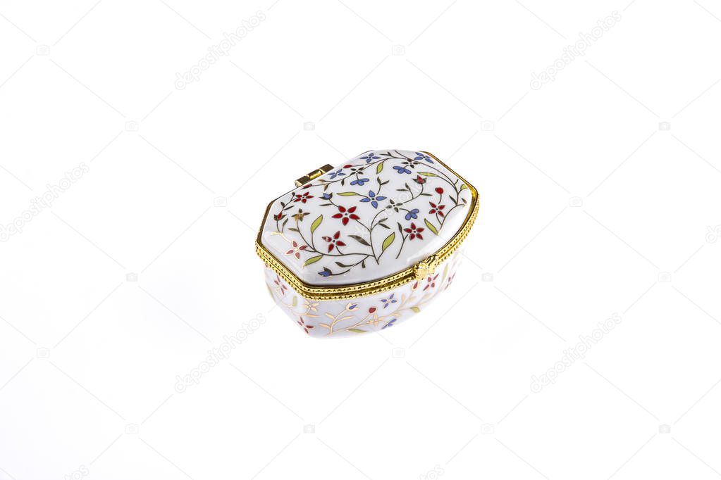 Beautiful porcelain or ceramic vintage box for jewelry, isolated on white background