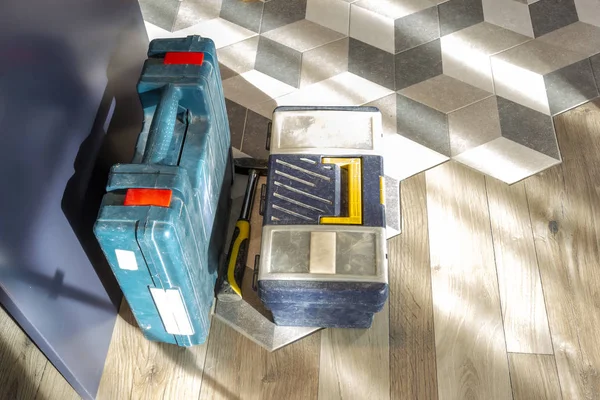 Used boxes for construction tools. Home-master tools ready to use.