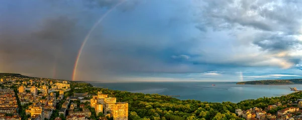 Superbe Panorama Grand Arc Ciel Sur Mer Côte Après Pluie — Photo