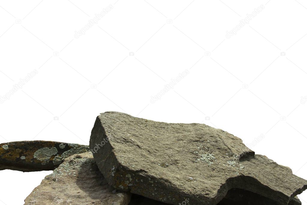 Gray, rough and hard stones isolated on white background on closeup.