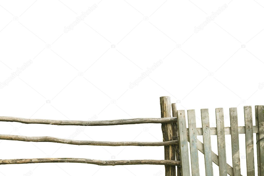 Old wooden fence with wicket on white background. Rustic lifestyle concept.