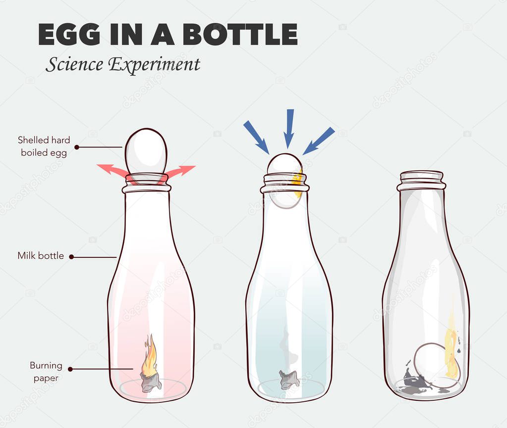 Egg in a bottle science experiment  vector illustration 