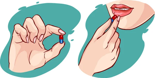 Une Femme Prenant Une Pilule Illustration Vectorielle Vitamine — Image vectorielle