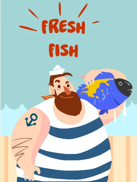 Fischer Mit Fisch Der Hand Vektor Illustration — Stockvektor
