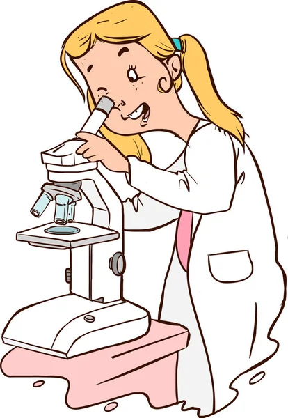 Schoolgirl Använder Ett Mikroskop Lager Illustration — Stock vektor