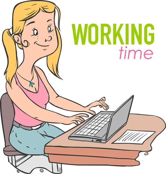 Pretty Teenage Girl Working Using Computer Vector Image — Stock Vector