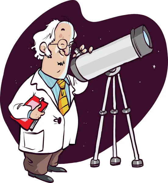 Vektör Karikatür Astronom Teleskopla Bakıyor — Stok Vektör