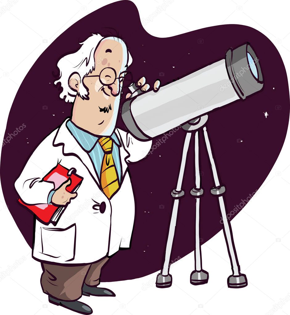 Vector cartoon astronomer looking through a telescope.