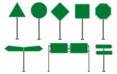 Boş yeşil yol işareti seti. Boş trafik işaretleri izole edilmiş beyaz arka plan. Vektör