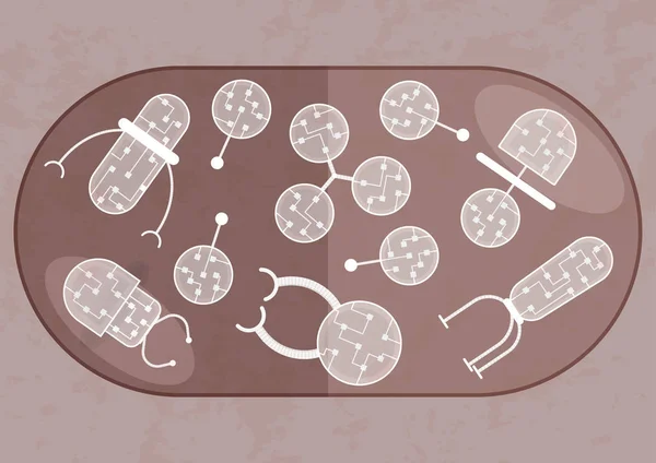 Nanobots の錠剤 有機透明な膜と Microchipss 別のナノロボットと つのカプセル — ストックベクタ