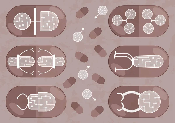 異なる Nanobots の六つの丸薬 各カプセルには彼ら自身の有機性透明膜とマイクロ チップ Nanorobot — ストックベクタ