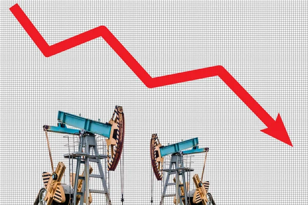 Oil price crisis. Oil price fall graph illustration. Red arrow. Pump field background.