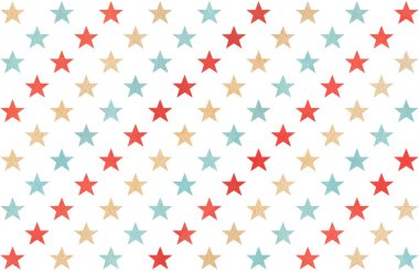 Kırmızı, mavi ve bej renklerini suluboya yıldız desen.