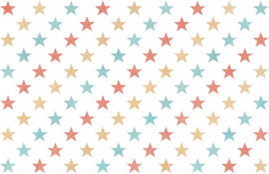 Beyaz zemin üzerinde mavi, bej ve pembe yıldızlarla suluboya desen.