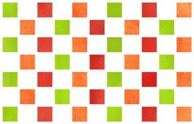 Suluboya kırmızı, yeşil ve turuncu kare desen. Moda tekstil, kumaş, arka planlar için geometrik geleneksel süsleme.