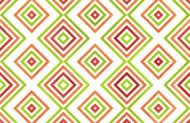 Kırmızı, yeşil ve turuncu renk suluboya geometrik desen. Moda tekstil, kumaş, arka planlar için.