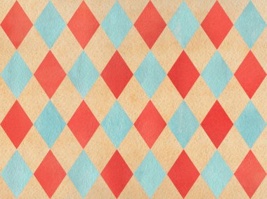 Suluboya kırmızı, mavi ve bej desen elmas. Moda tekstil, kumaş, arka planlar için geometrik geleneksel süsleme.