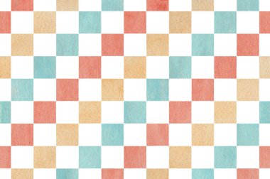 Suluboya, bej, mavi ve pembe kare desen. Moda tekstil, kumaş, arka planlar için geometrik geleneksel süsleme.