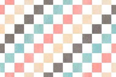 Suluboya hafif pembe, mavi, gri ve bej kare desen. Moda tekstil, kumaş, arka planlar için geometrik geleneksel süsleme.