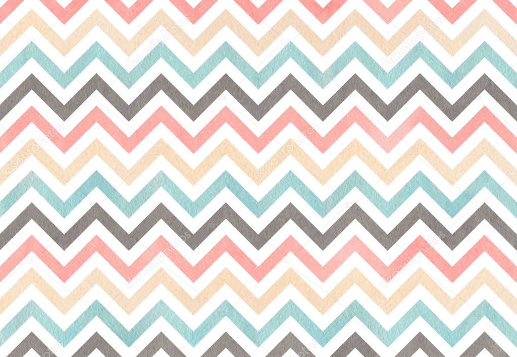 Watercolor light pink, blue, gray and beige stripes background, chevron