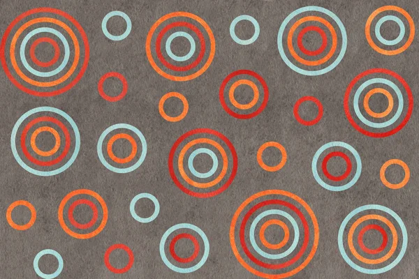 Watercolor orange, blue and red circles on gray background.