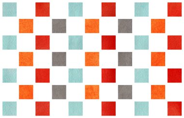 Suluboya turuncu, mavi, kırmızı ve gri desen kare. Moda tekstil, kumaş, arka planlar için geometrik geleneksel süsleme.