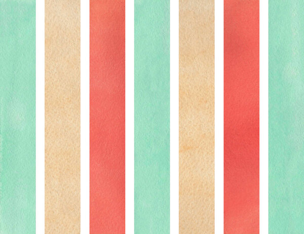 Watercolor strawberry red, beige and seafoam blue striped background.